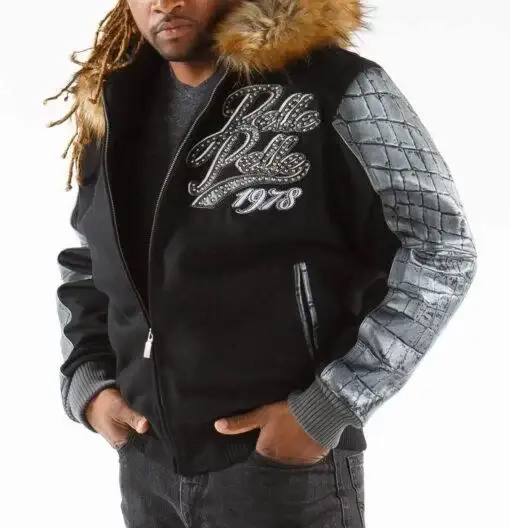 Black Pelle Pelle Exotic Fur Hood Wool Leather Jacket, pellepelle.us