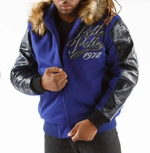 Blue Pelle Pelle Exotic Fur Hood Wool Leather Jacket, PELLEPELLE.US