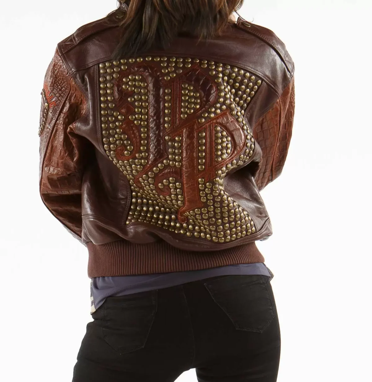 Brown MB Pelle Pelle Bomber Fur Studded Jacket