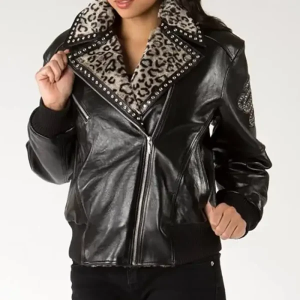 Ladies Biker Jacket with Spotted Fur Collar, pellepelle.us