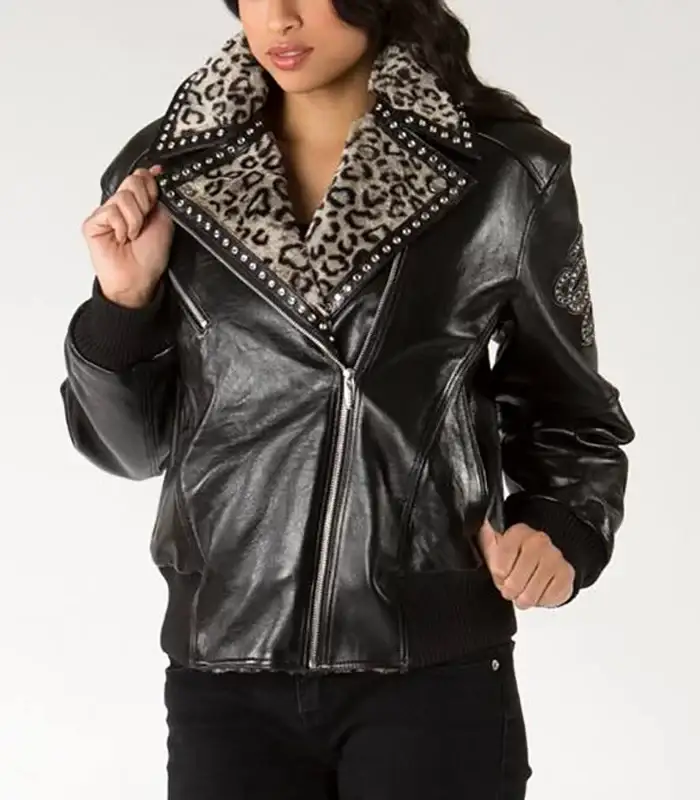 Ladies Biker Jacket with Spotted Fur Collar, pellepelle.us