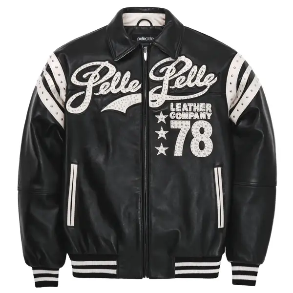 Men Pelle Pelle Encrusted Varsity Plush Black Jacket, pellepelle.us