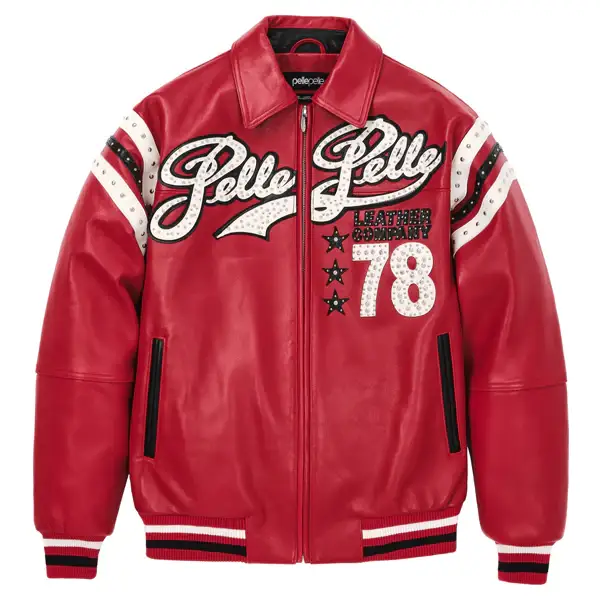 Men Pelle Pelle Encrusted Varsity Plush Red Jacket, pellepelle.us