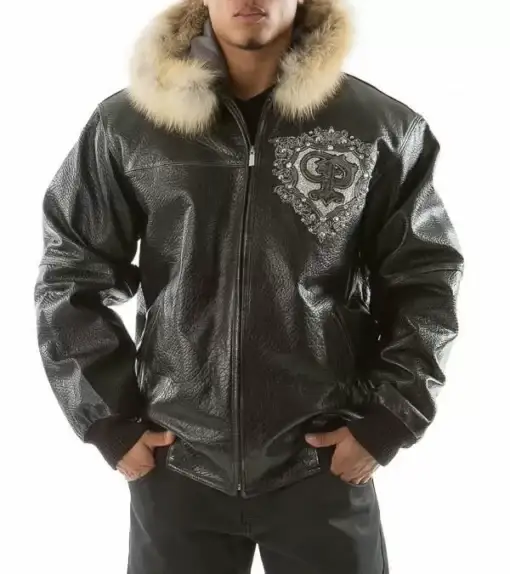 Pelle Pelle Black PP Crest Fur Hood Leather Jacket, pellepelle.us