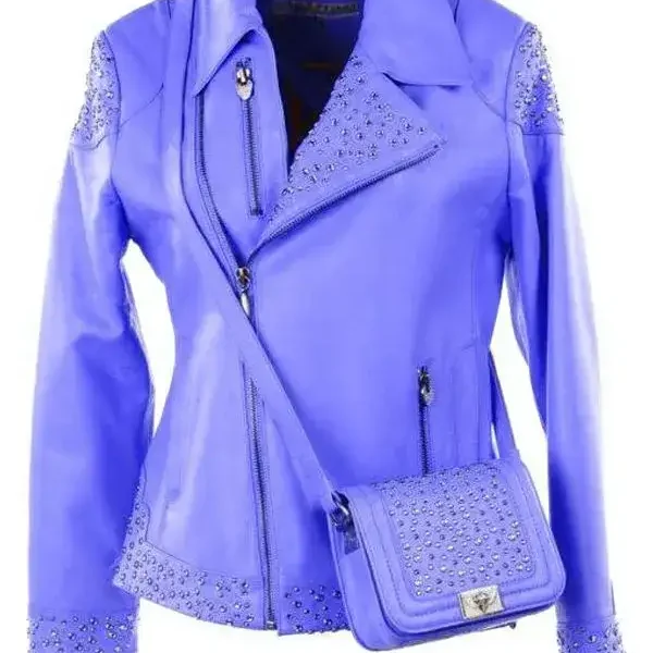 Pelle Pelle Studded Asymmetrical Princess Cut Nile Blue Jacket, pellepelle.us