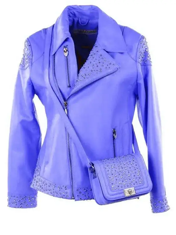 Pelle Pelle Studded Asymmetrical Princess Cut Nile Blue Jacket, pellepelle.us