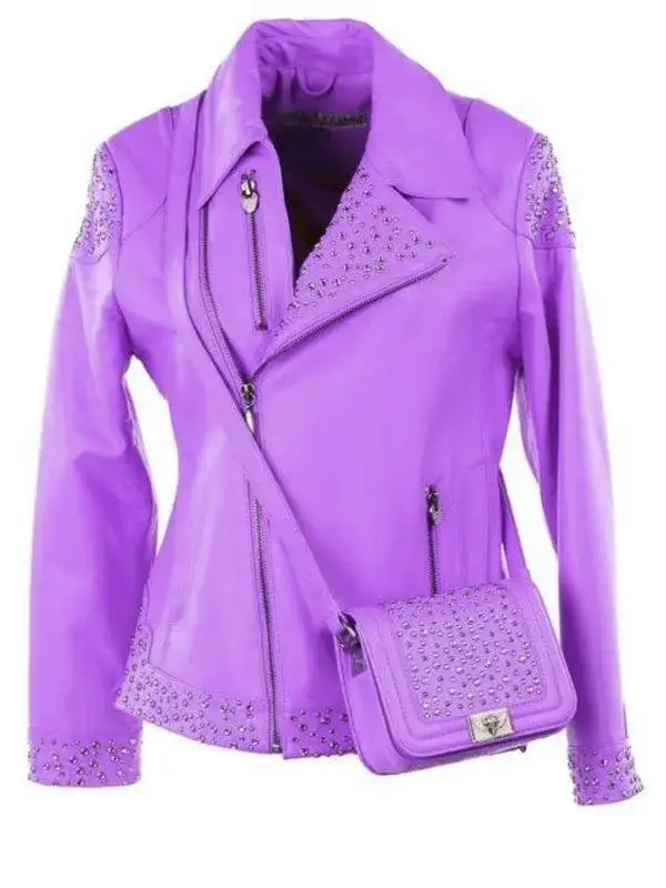 Pelle Pelle Studded Asymmetrical Princess Cut Purple Jacket, pellepelle.us