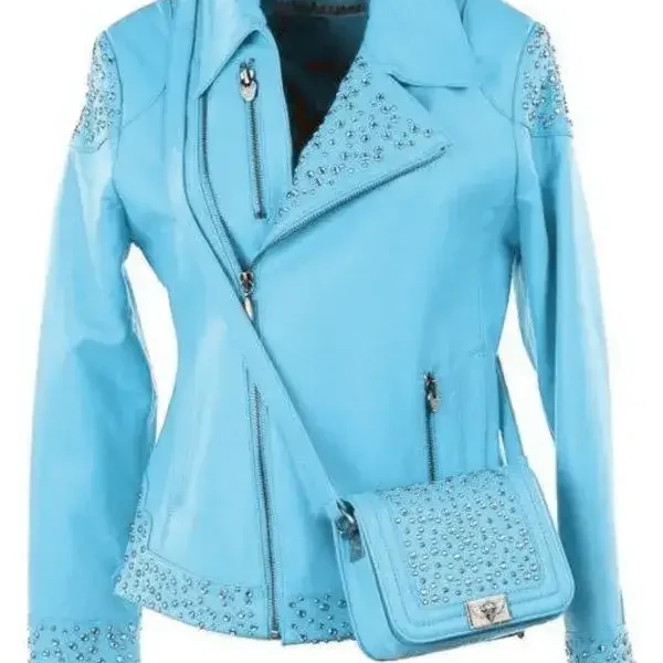 Pelle Pelle Studded Asymmetrical Princess Cut Light Blue Jacket, pellepelle.us