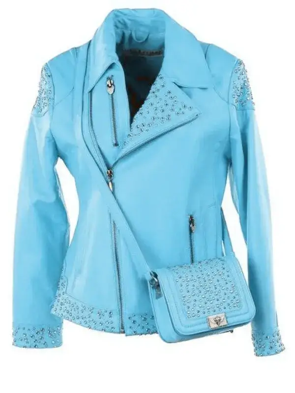 Pelle Pelle Studded Asymmetrical Princess Cut Light Blue Jacket, pellepelle.us