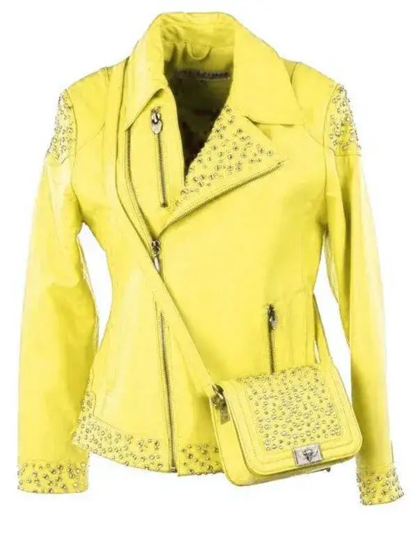 Pelle Pelle Studded Asymmetrical Princess Cut Yellow Jacket, pellepelle.us