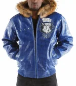 Pelle Pelle Blue MB Emblem Hooded Studded Jacket, pellepelle.us