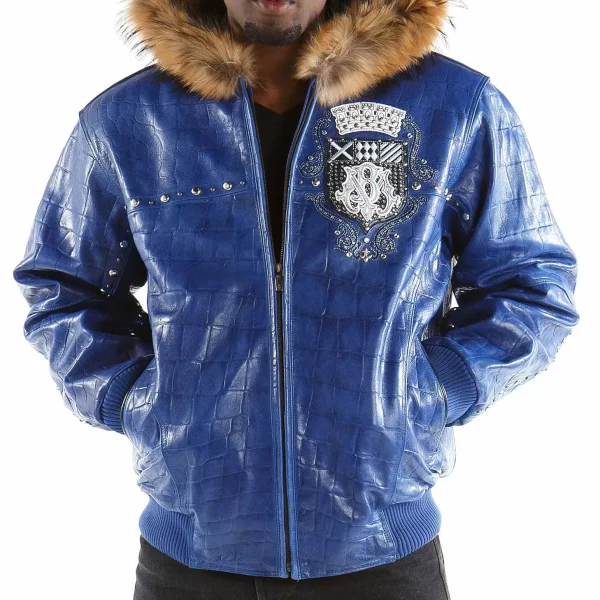 Pelle Pelle Blue MB Emblem Hooded Studded Jacket, pellepelle.us