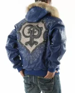 Pelle Pelle Blue PP Crest Fur Hood Leather Jacket, pellepelle.us