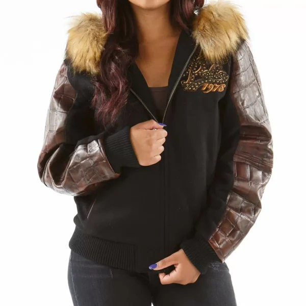 Pelle Pelle Brown Exotic Fur Hood Wool Jacket, pellepelle.us