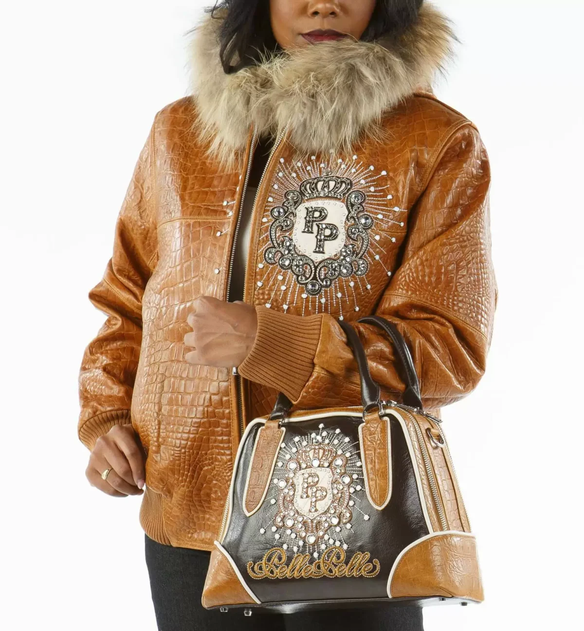 Pelle Pelle Crest Brown Fur Hood Studded Leather Jacket, PELLEPELLE.US