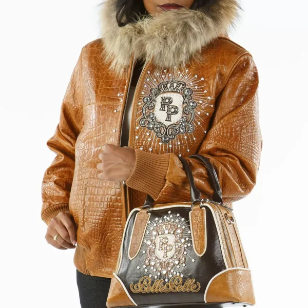 Pelle Pelle Crest Brown Fur Hood Studded Leather Jacket, PELLEPELLE.US