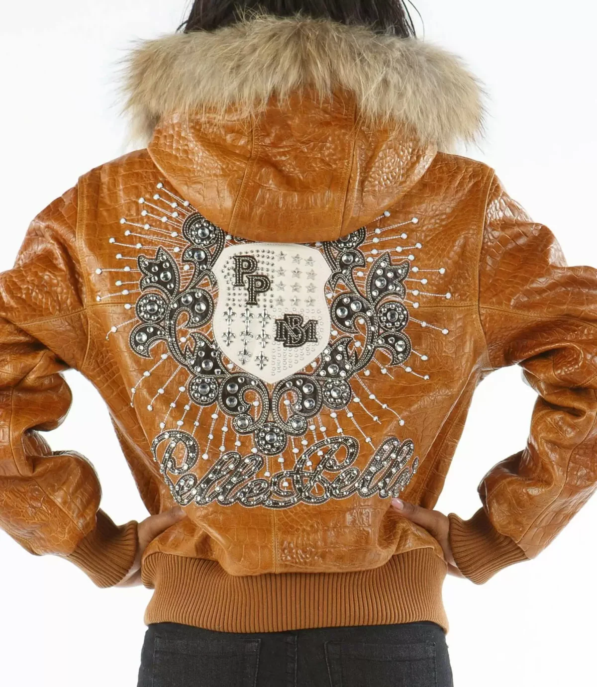 Pelle Pelle Crest Brown Fur Hood Studded Leather Jacket