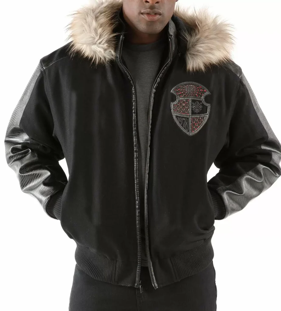 Pelle Pelle Dynasty Black Fur Hood Wool Leather Jacket, PELLEPELLE.US