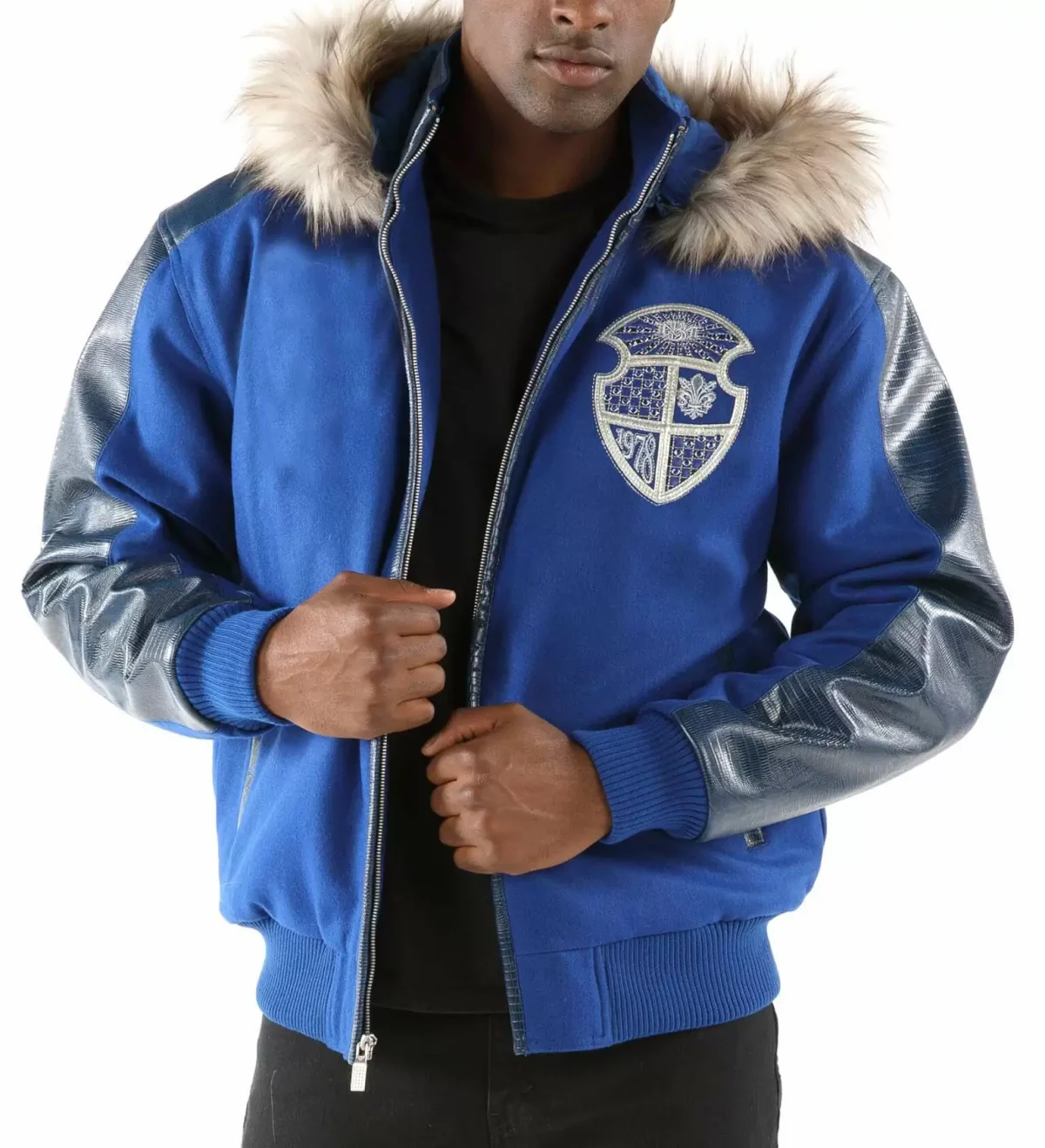 Pelle Pelle Dynasty Blue Fur Hood Wool Leather Jacket, pellepelle.us