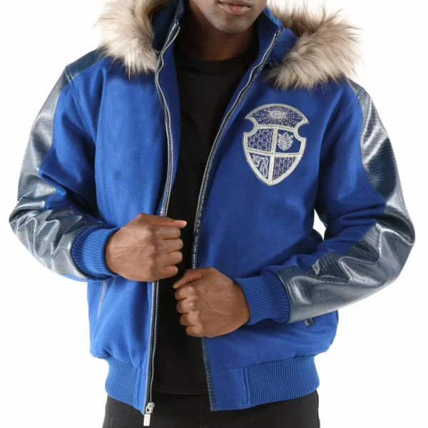 Pelle Pelle Dynasty Blue Fur Hood Wool Leather Jacket, pellepelle.us