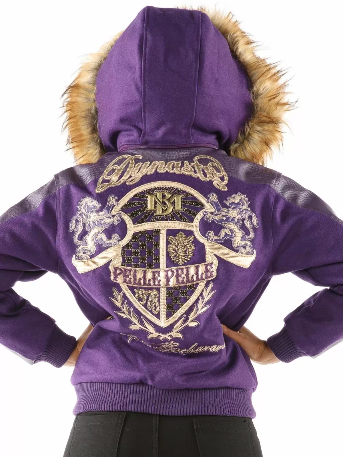 Pelle Pelle Dynasty Purple Fur Hood Wool Leather Jacket, PELLEPELLE.US