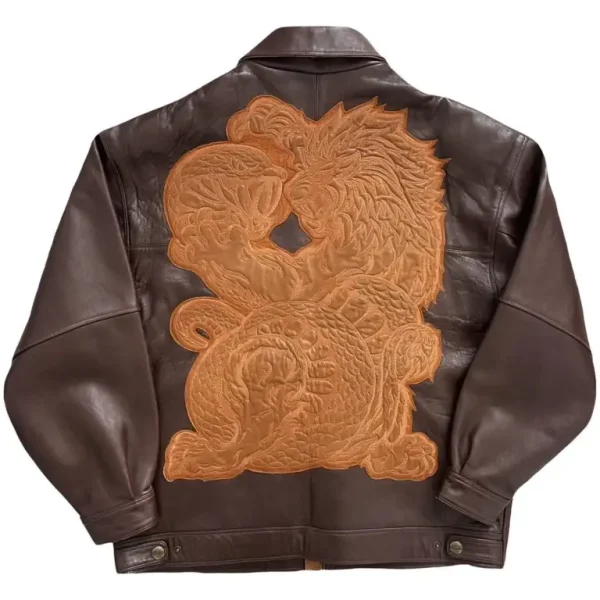 Pelle Pelle Embroidered Lion Vs Snake Brown Leather Jacket, pellepelle.us