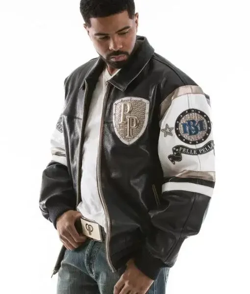 Pelle Pelle Encrusted Varsity Navy Plush Jacket, pellepelle.us