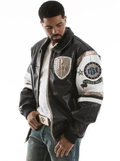 Pelle Pelle Encrusted Varsity Navy Plush Jacket, pellepelle.us