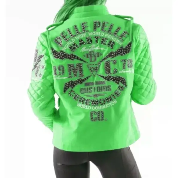 Pelle Pelle Green MC Studded Varsity Jacket, pellepelle.us