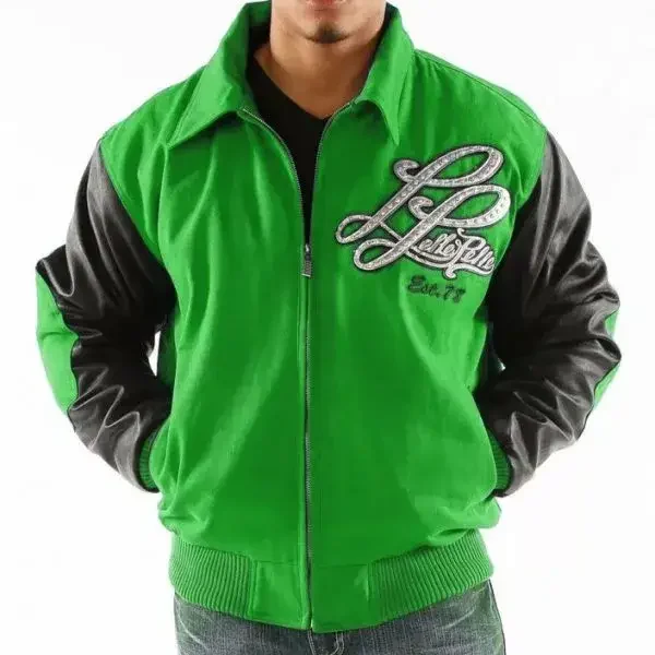 Pelle Pelle Mens Green and Black Varsity Jacket, pellepelle.us