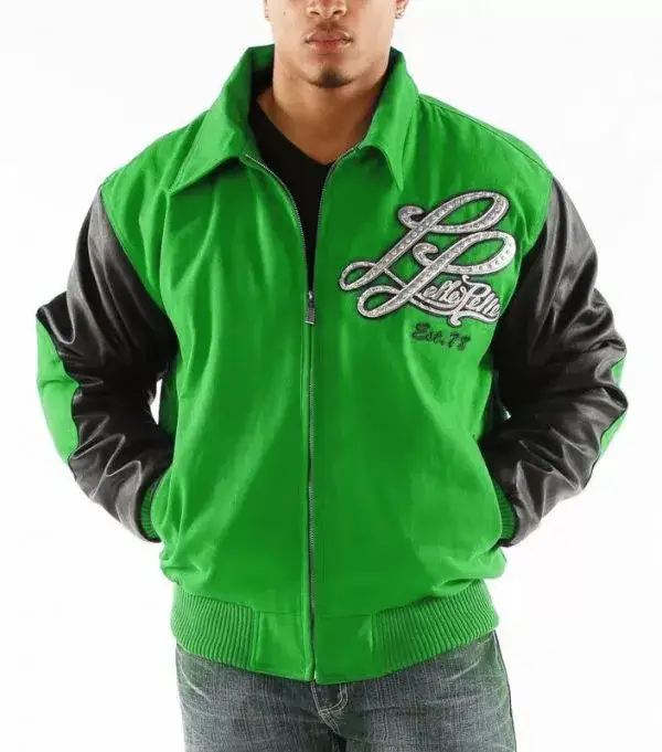 Pelle Pelle Mens Green and Black Varsity Jacket, pellepelle.us