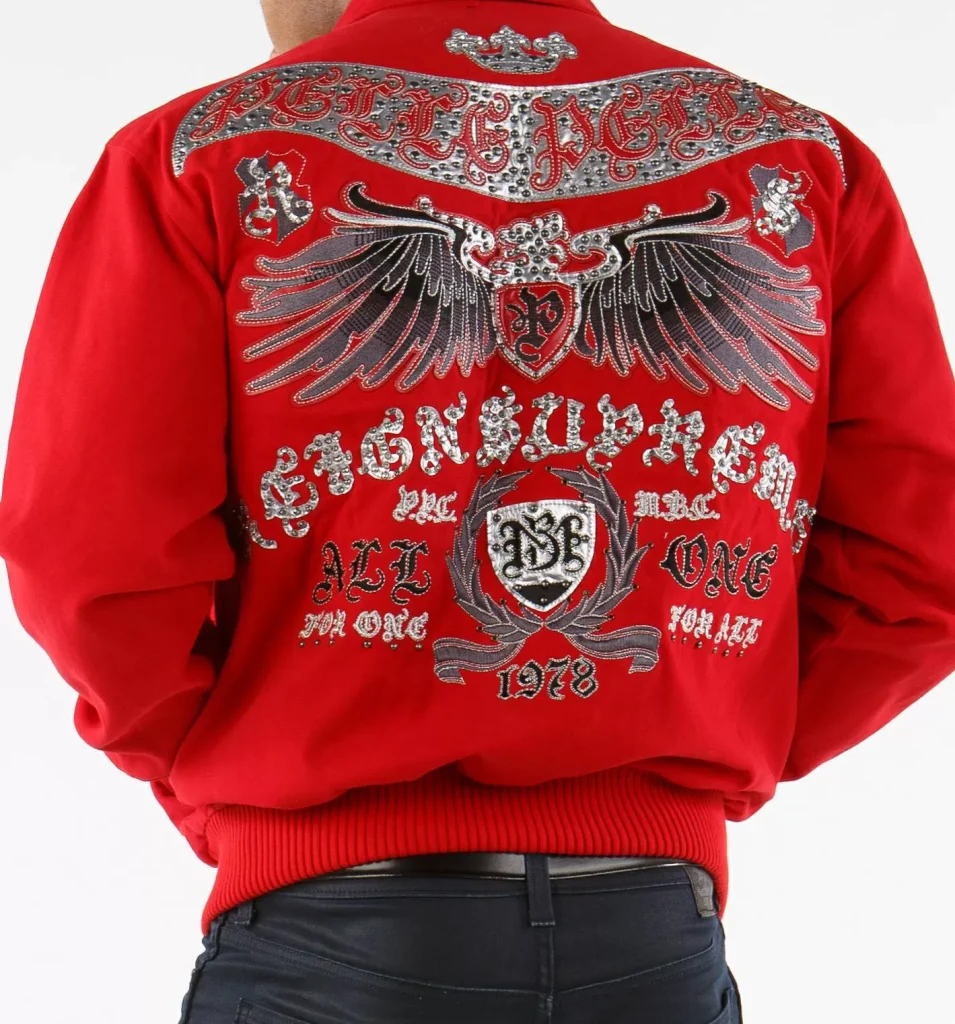 Pelle Pelle Red All For One Studded Wool Jacket, pellepelle.us