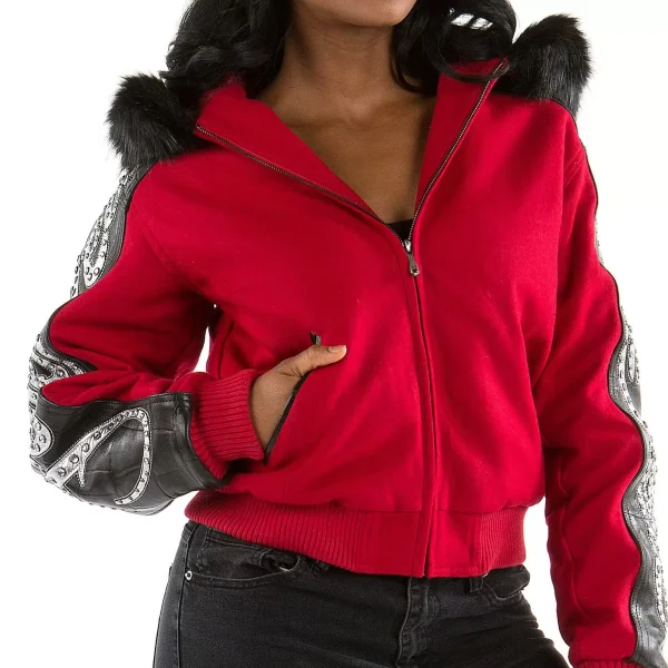 Pelle Pelle Red Black Script Studded Wool Jacket, pellepelle.us