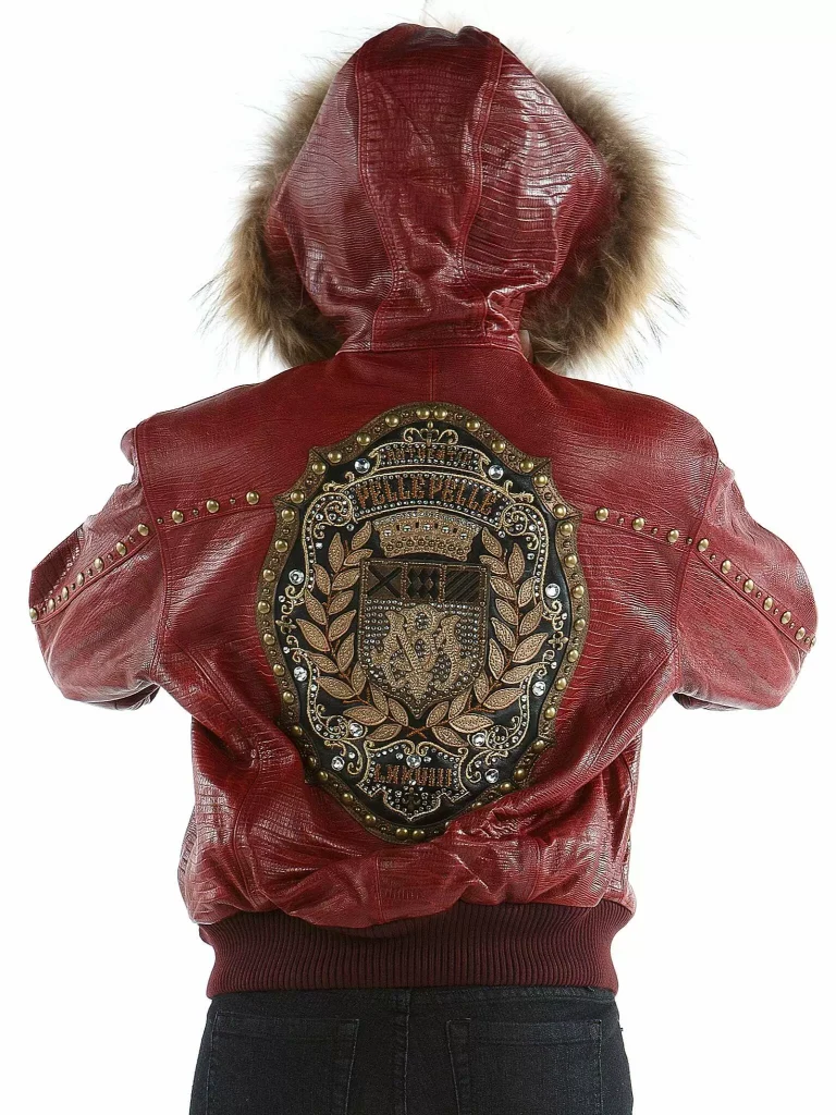 Pelle Pelle Red MB Emblem Hooded Studded Jacket, pellepelle.us