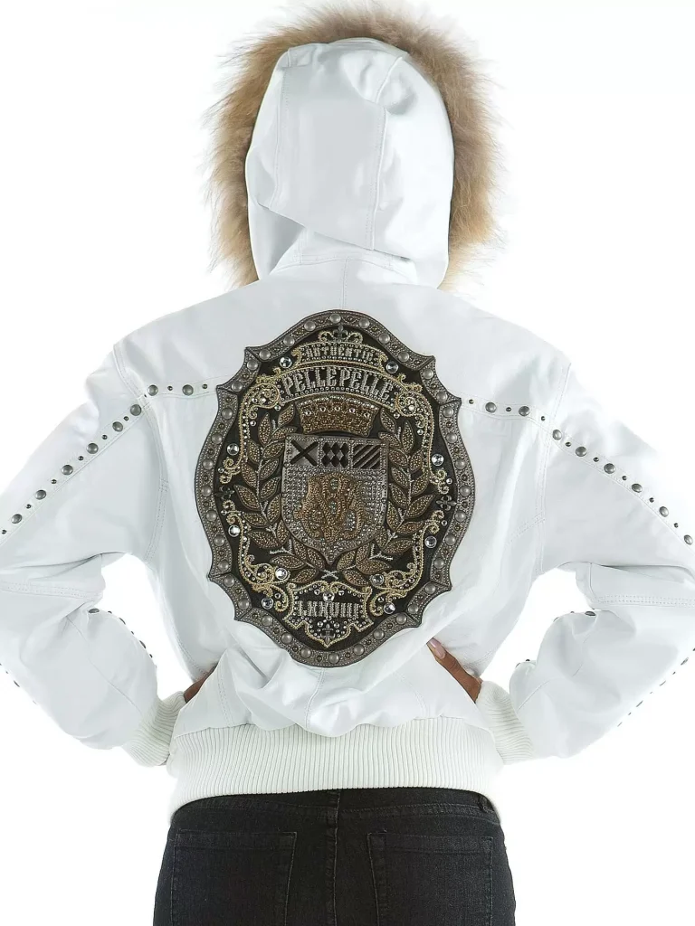 Pelle Pelle White MB Emblem Hooded Studded Jacket, pellepelle.us