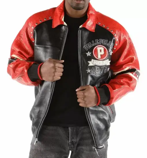 Red Black Studded Pelle Pelle Soda Club Leather Jacket, PELLE PELLE.US