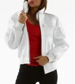 White MB Pelle Pelle Bomber Fur Studded Jacket