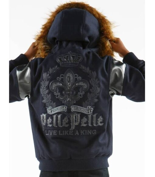 Pelle Pelle Navy Blue Wool Fur Hood Jacket, pellepelle.us