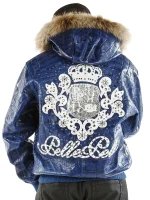 Pelle Pelle Crest Leather Blue Jacket With Fur Collar, pellepelle.us