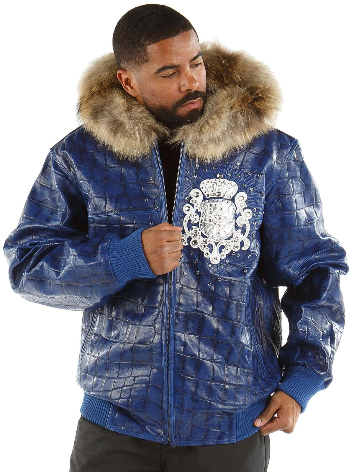 Pelle Pelle Crest Leather Blue Jacket With Fur Collar