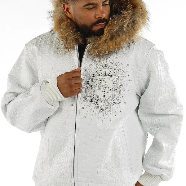 Pelle Pelle Crest White Leather Jacket With Fur Collar, pellepelle.us