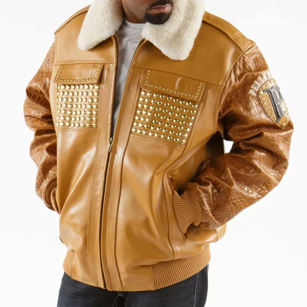 MB Pelle Pelle Brown Fur Collar Studded Jacket pellepelle.us