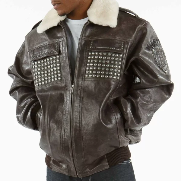 MB Pelle Pelle Dark Brown Fur Collar Studded Jacket, pellepelle.us