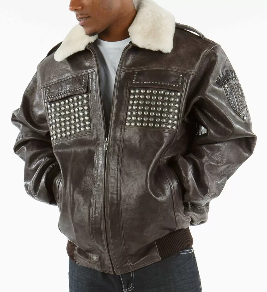 MB Pelle Pelle Dark Brown Fur Collar Studded Jacket, pellepelle.us