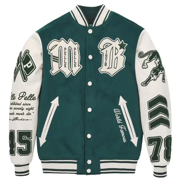 Men Pelle Pelle Green Varsity Jacket, pellepelle.us