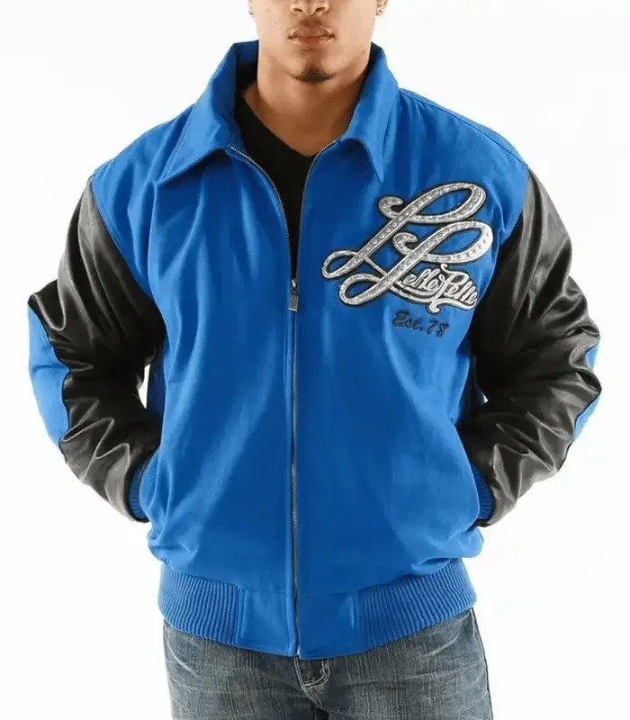 Men's Pelle Pelle Blue And Black Leather And Wool Jacket, pellepelle.us