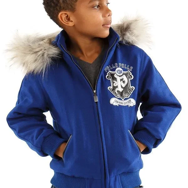 Pelle Pelle Fur Hooded Kids Blue Jacket, pellepelle.us