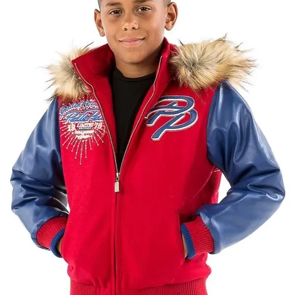 Pelle Pelle Kids Fur Hooded Red Wool Jacket, pellepelle.us