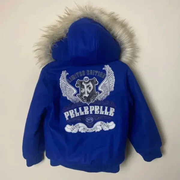 Pelle Pelle Kids Limited Fur Hooded Blue Wool Jacket