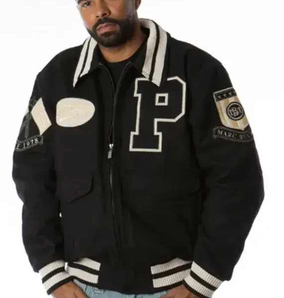 Pelle Pelle Marc Buchanan Black Varsity Jacket, pellepelle.us